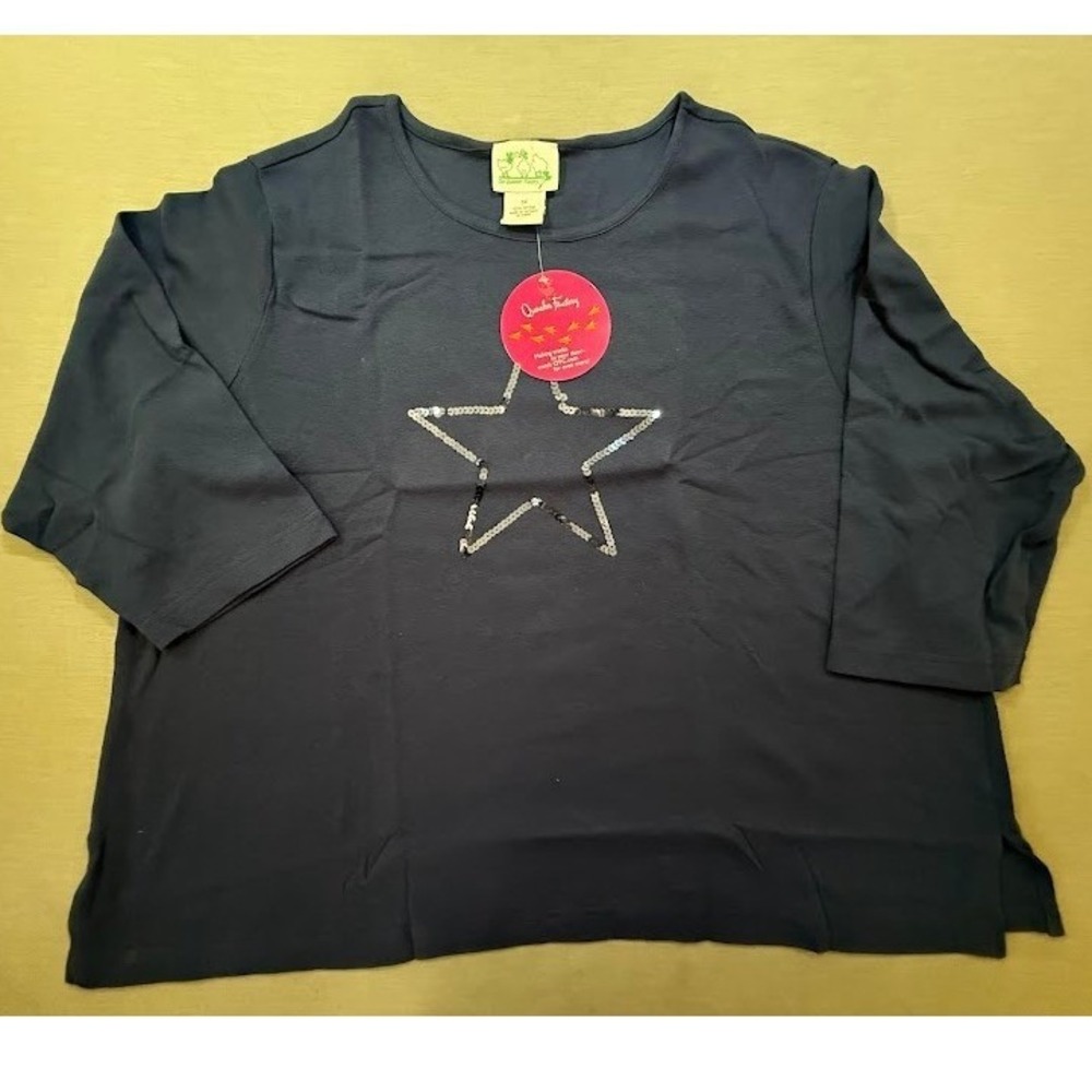 Quaker Factory Navy Blue 3X Star Sequin 3/4 Sleeve Cotton Top Blouse NWT‎